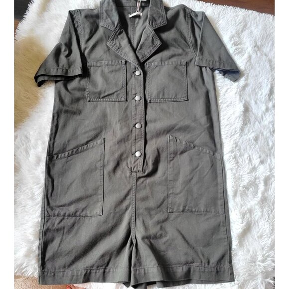 GB Army Olive green Button-Front Romper Jumpsuit Short Sleeve -L - Picture 5 of 9